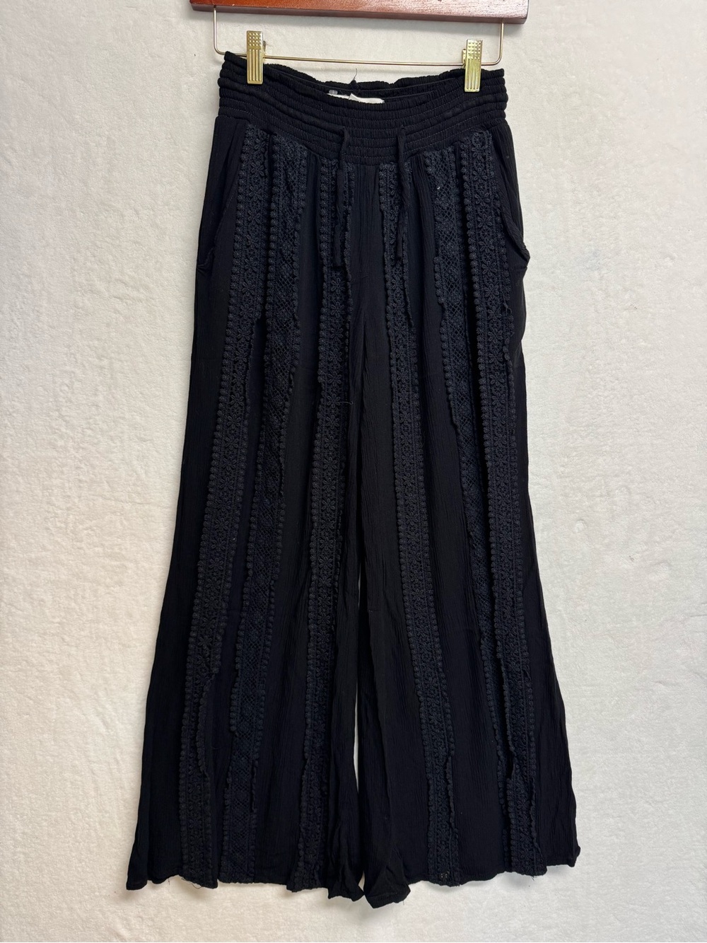 American Rag Cie Pants XS black wide-leg boho gauze Crochet Lace Hippie Festival